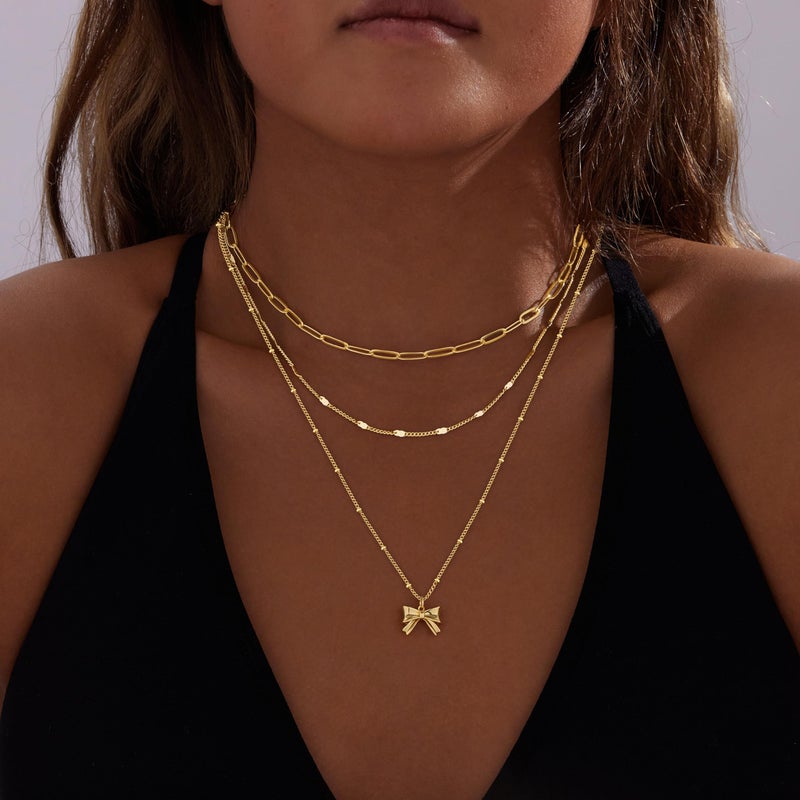 Poxtex Layered Gold Bow Necklaces for Women,14k Gold Plated Dainty Stackable Choker Necklaces for Women,Trendy Layering Small Bow Pendant Paperclip Thin Chain Necklace Set Jewelry Gifts for Women - Image 3