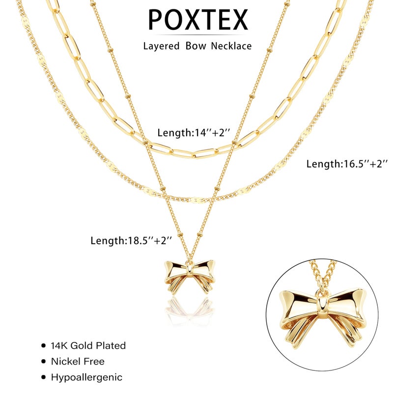 Poxtex Layered Gold Bow Necklaces for Women,14k Gold Plated Dainty Stackable Choker Necklaces for Women,Trendy Layering Small Bow Pendant Paperclip Thin Chain Necklace Set Jewelry Gifts for Women - Image 5