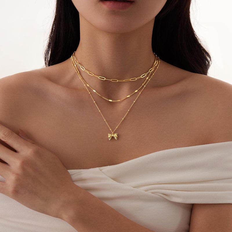 Poxtex Layered Gold Bow Necklaces for Women,14k Gold Plated Dainty Stackable Choker Necklaces for Women,Trendy Layering Small Bow Pendant Paperclip Thin Chain Necklace Set Jewelry Gifts for Women - Image 4