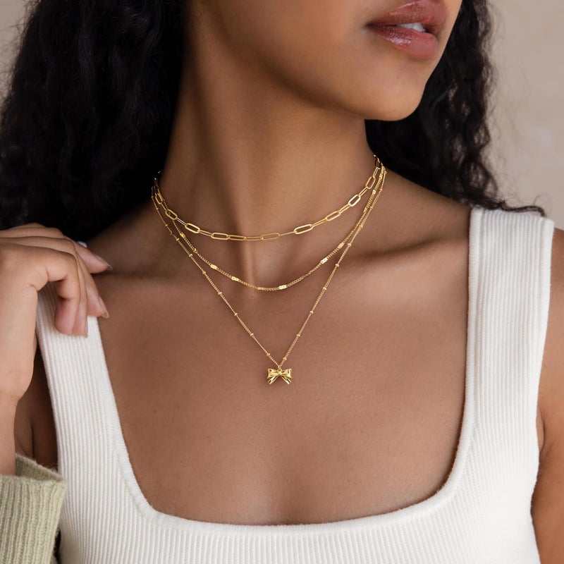Poxtex Layered Gold Bow Necklaces for Women,14k Gold Plated Dainty Stackable Choker Necklaces for Women,Trendy Layering Small Bow Pendant Paperclip Thin Chain Necklace Set Jewelry Gifts for Women - Image 2