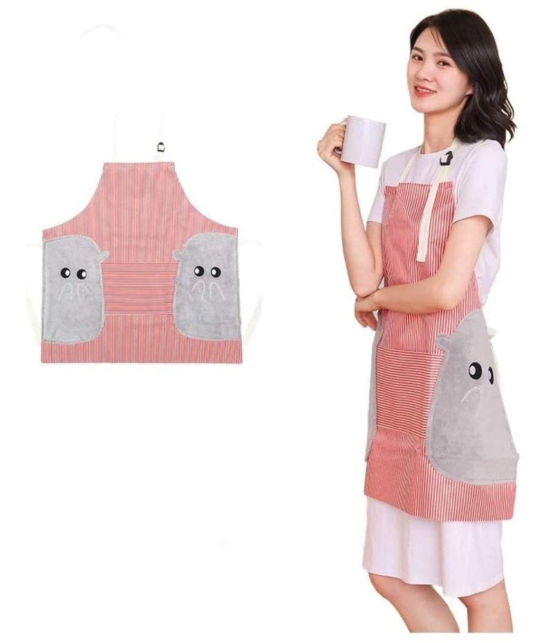 SIYANSHU Adjustable Bib Apron with Pockets 2 Side Coral Velvet Towels Stitched Durable Pinstripe Waterproof Cooking Aprons Suitable for Home Kitchen Grill Restaurant Even Garden - Image 1