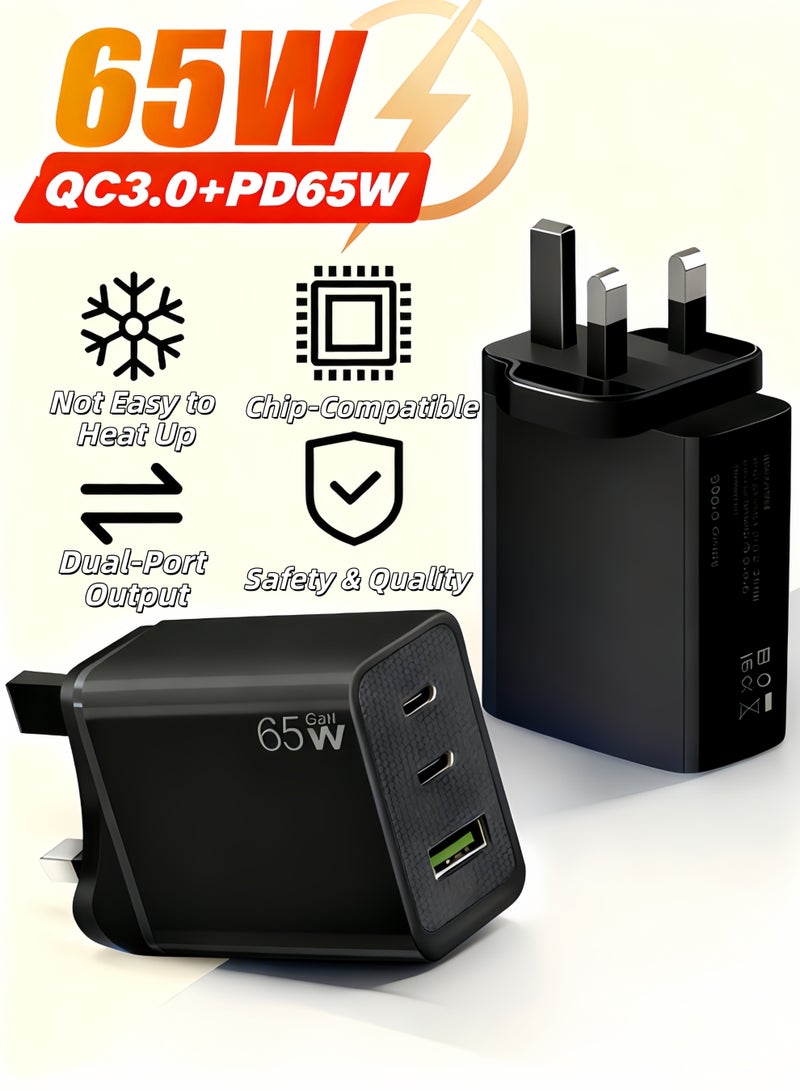 غولو شاحن سريع 65 وات من النوع C، محول طاقة لأجهزة الكمبيوتر المحمول من 3 منافذ GaN بمنفذ USB-C للشحن السريع، متوافق مع أجهزة MacBook Air وiPhone، شاحن سريع 65 وات | محول شاحن سريع للحائط من USB C، متوافق مع PD/QC/SCP/FCP/Samsung AFC/Apple 2.4A/BC وبروتوكولات الشحن السريع الرئيسية الأخرى، HP/Dell، iPad، iPhone 17 Pro Max، Galaxy S25/S24 Ultra (قابس المملكة المتحدة) - Image 1