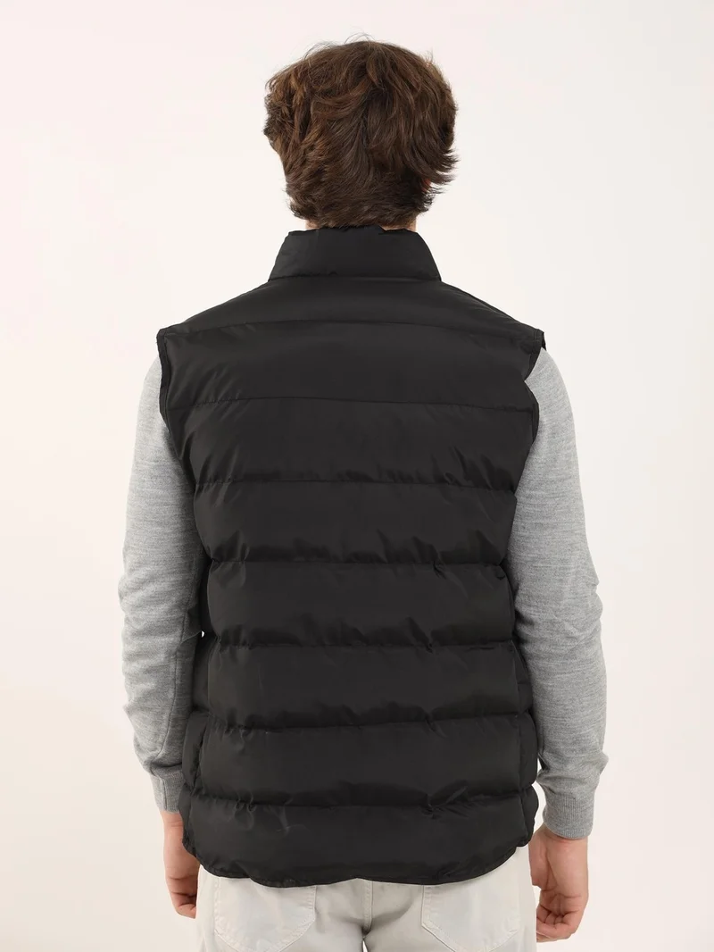 Dufy Black Men's Regular Fit High Collar Vest Coat