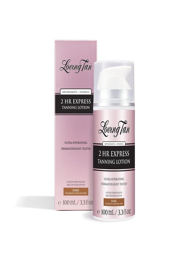 Loving Tan لوفينغ تان نيو 2 ساعة إكسبريس لوشن تان للجسم، داكن - ترطيب وتألق طبيعي بدون شمس، تان ذاتي خالي من الخطوط، مختبر من قبل أطباء الجلد، خفيف الوزن، نباتي وخالي من القسوة - 3.3 أونصة سائلة - Image 1