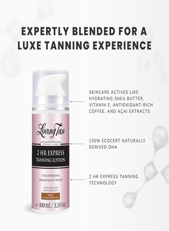 Loving Tan لوفينغ تان نيو 2 ساعة إكسبريس لوشن تان للجسم، داكن - ترطيب وتألق طبيعي بدون شمس، تان ذاتي خالي من الخطوط، مختبر من قبل أطباء الجلد، خفيف الوزن، نباتي وخالي من القسوة - 3.3 أونصة سائلة - Image 4