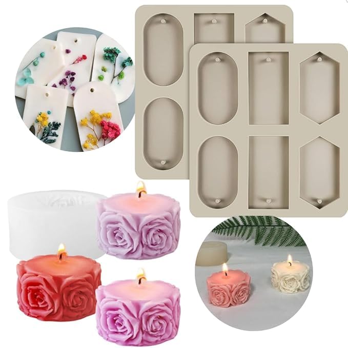 LEGACYCART 6 Slot Rectangle Oval Hexagon Resin Bookmark & Rose Flower Column Silicone Moulds for Candle Wax Seal Waxmelts Clay Epoxy Resin Art Keychain With Hanging Hole DIY Jewelry Home Decor Soap Lotion Bar Molds - Image 1