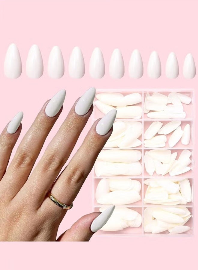 Happy D 120 Pcs Fake Nail Tips, Almond Shape Press On Nails, Stick On ABS Full Cover Nails for Women, For Daily Party Wedding Use (Milky White) - Image 2