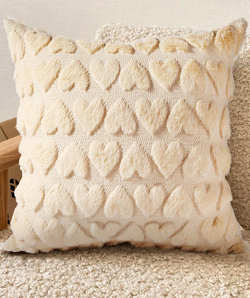 Kokaaee 18x18 Throw Pillow Cover  Fluffy Plush Decorative Pillow Covers with Zipper Aesthetic Cute Design Soft Cozy Throw Pillowcases for Living Room Couch Sofa Bed Beige Heart
