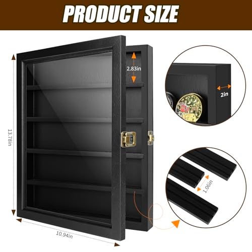 ULTRGEE Challenge Coin Display Case, Coin Collection Display Stand for Wall Military Medal Shadow Box Display Cabinet with Removable Dual Recessed Shelves and Acrylic Panel -Black - Image 4