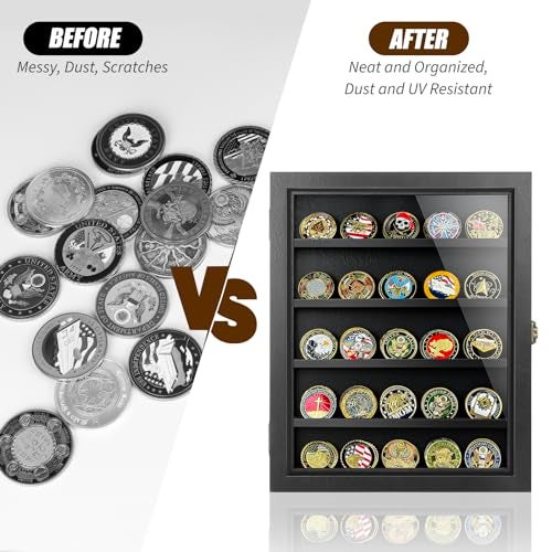 ULTRGEE Challenge Coin Display Case, Coin Collection Display Stand for Wall Military Medal Shadow Box Display Cabinet with Removable Dual Recessed Shelves and Acrylic Panel -Black - Image 5