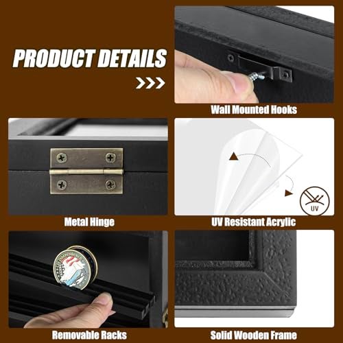ULTRGEE Challenge Coin Display Case, Coin Collection Display Stand for Wall Military Medal Shadow Box Display Cabinet with Removable Dual Recessed Shelves and Acrylic Panel -Black - Image 3