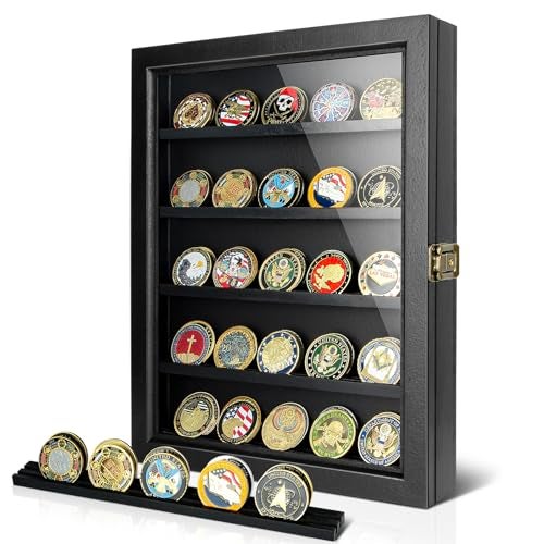 ULTRGEE Challenge Coin Display Case, Coin Collection Display Stand for Wall Military Medal Shadow Box Display Cabinet with Removable Dual Recessed Shelves and Acrylic Panel -Black - Image 1