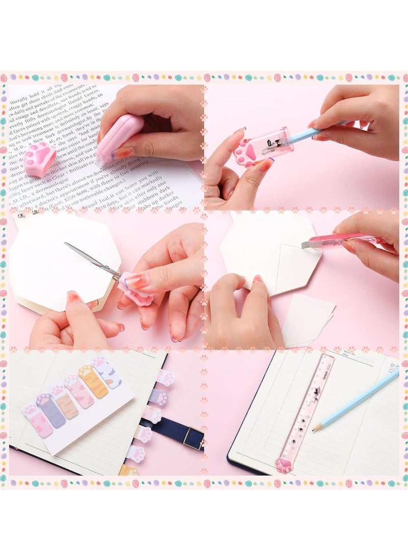 Generic - 8 Pcs Cute Cat Paw Stationery Set Kawaii School Supplies Including Pencil Sharpener Retractable Eraser Correction Tape Sticky Notes Ruler Mini Scissors Utility Knife for Cat Lovers Students (Pink) - Image 1