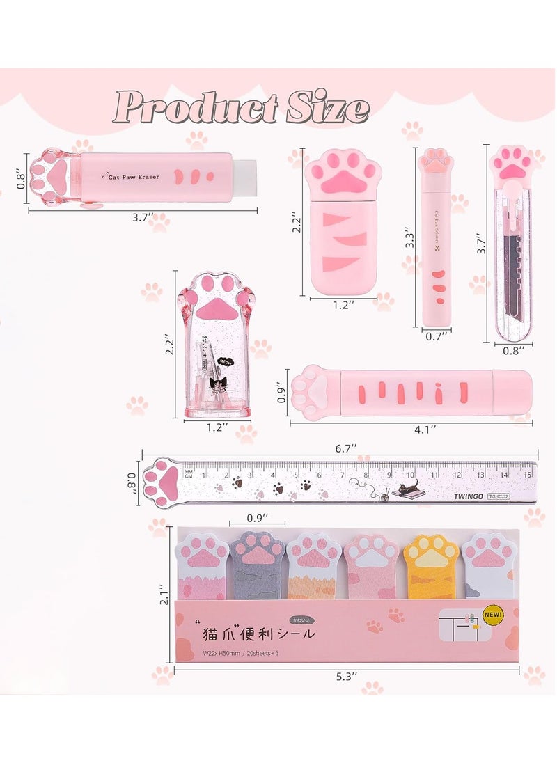 Generic - 8 Pcs Cute Cat Paw Stationery Set Kawaii School Supplies Including Pencil Sharpener Retractable Eraser Correction Tape Sticky Notes Ruler Mini Scissors Utility Knife for Cat Lovers Students (Pink) - Image 1