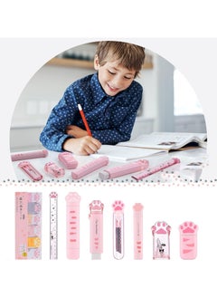 Generic 8 Pcs Cute Cat Paw Stationery Set Kawaii School Supplies Including Pencil Sharpener Retractable Eraser Correction Tape Sticky Notes Ruler Mini Scissors Utility Knife for Cat Lovers Students (Pink)  - Image 2