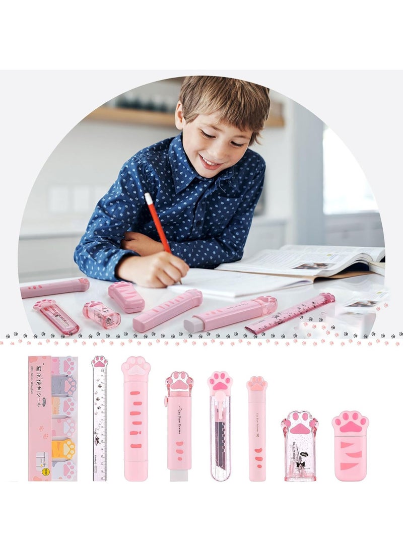 Generic - 8 Pcs Cute Cat Paw Stationery Set Kawaii School Supplies Including Pencil Sharpener Retractable Eraser Correction Tape Sticky Notes Ruler Mini Scissors Utility Knife for Cat Lovers Students (Pink) - Image 1