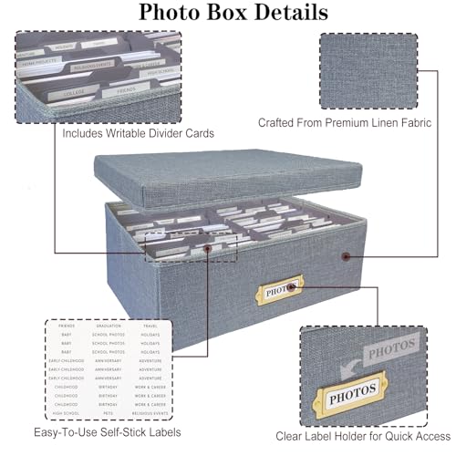 Sprsthai Linen Photo Storage Box – Holds 1700 Photos, Photo Organizer with Lid for Photo, Pictures, 24 Adjustable Dividers & 72 Labels Multi-Use Organizer Memory Box for Envelopes, Baby, Wedding, Cards Grey - Image 4