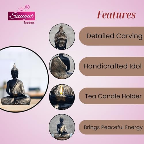 Saugat Traders Sitting Buddha Statue with Tea Light Candle Holder for Diwali Home Decor, Living Room Showpiece - New Year - Housewarming Gifts - Good Luck Return Gift - Image 2
