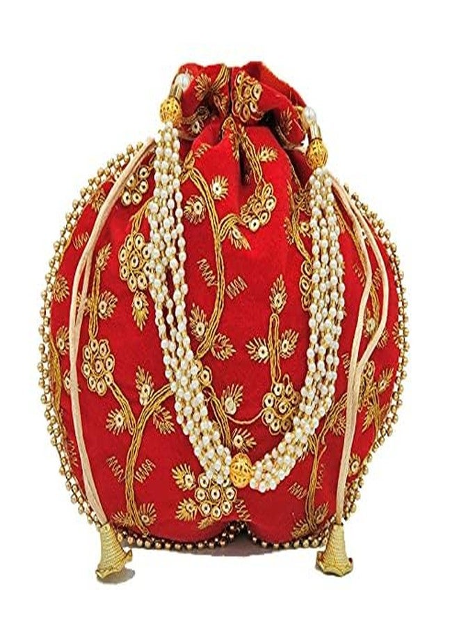 Pamidhar Ethnic Designer Embroidered Potli Bag for Women with Pearl Handle Handmade Bridal Batwa Wristlet for Weddings & Parties (Multicolor) - Image 1