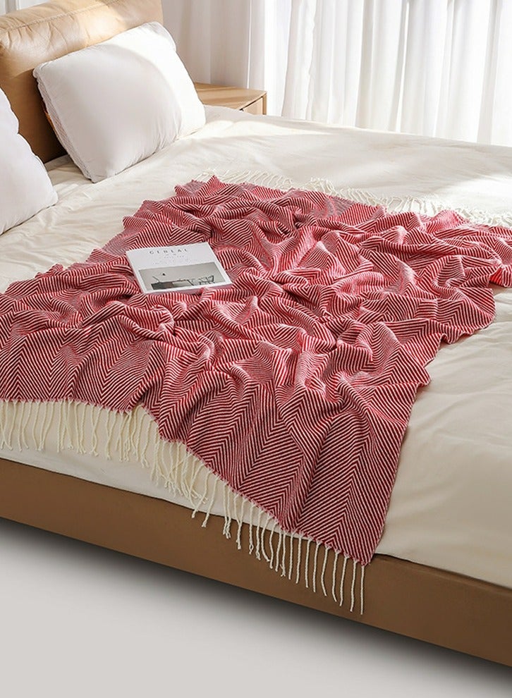 إسكدنيا شريط شرابة تصميم محبوك بطانية لينة النبيذ الأحمر - Image 2