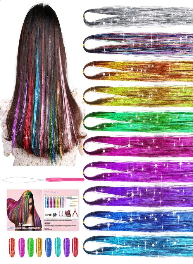Mckanti 10 Colors Hair Tinsel Kit with Tool, 47 inch 2000 Strands Tinsel Hair Extensions for Women Girls, Fairy Hair Tinsel Glitter Sparkling Shiny Colorful Synthetic Hair for Party Daily Life Fashion - Image 1