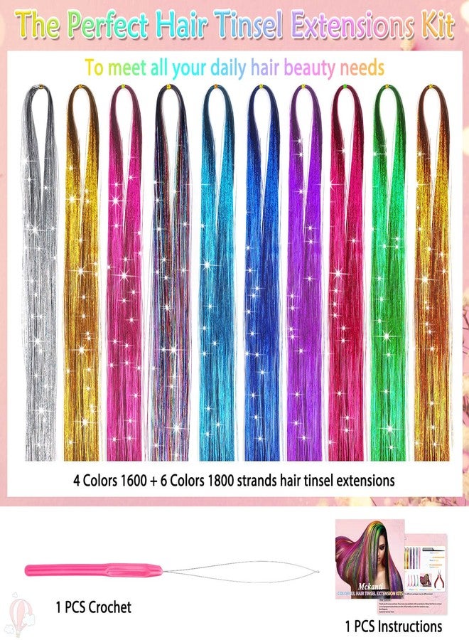 Mckanti 10 Colors Hair Tinsel Kit with Tool, 47 inch 2000 Strands Tinsel Hair Extensions for Women Girls, Fairy Hair Tinsel Glitter Sparkling Shiny Colorful Synthetic Hair for Party Daily Life Fashion - Image 2