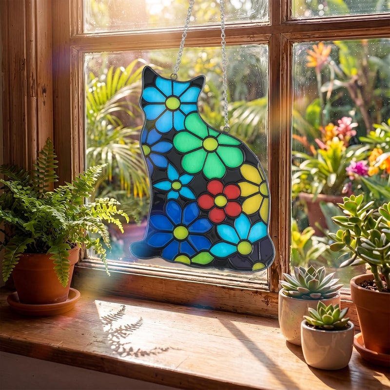 Amyhill 5 x 8 Inch Stained Glass Window Hanging Black Flower Cat Suncatcher Home Decor Gift for Women, Wife, Mom, Grandma, Birthday Nature Lover Window Ornament Indoor Outdoor Decor - Image 4