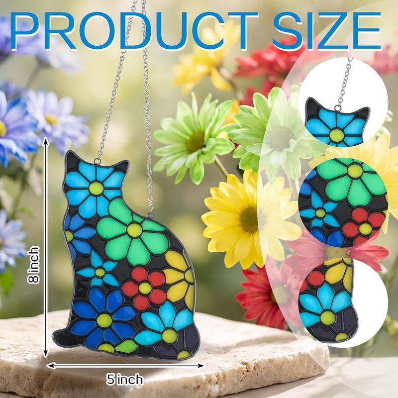 Amyhill 5 x 8 Inch Stained Glass Window Hanging Black Flower Cat Suncatcher Home Decor Gift for Women, Wife, Mom, Grandma, Birthday Nature Lover Window Ornament Indoor Outdoor Decor - Image 2