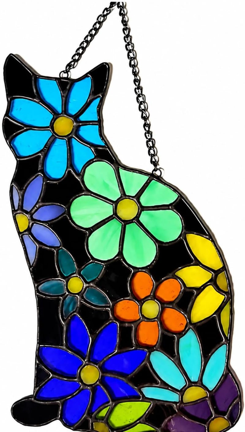 Amyhill 5 x 8 Inch Stained Glass Window Hanging Black Flower Cat Suncatcher Home Decor Gift for Women, Wife, Mom, Grandma, Birthday Nature Lover Window Ornament Indoor Outdoor Decor - Image 1