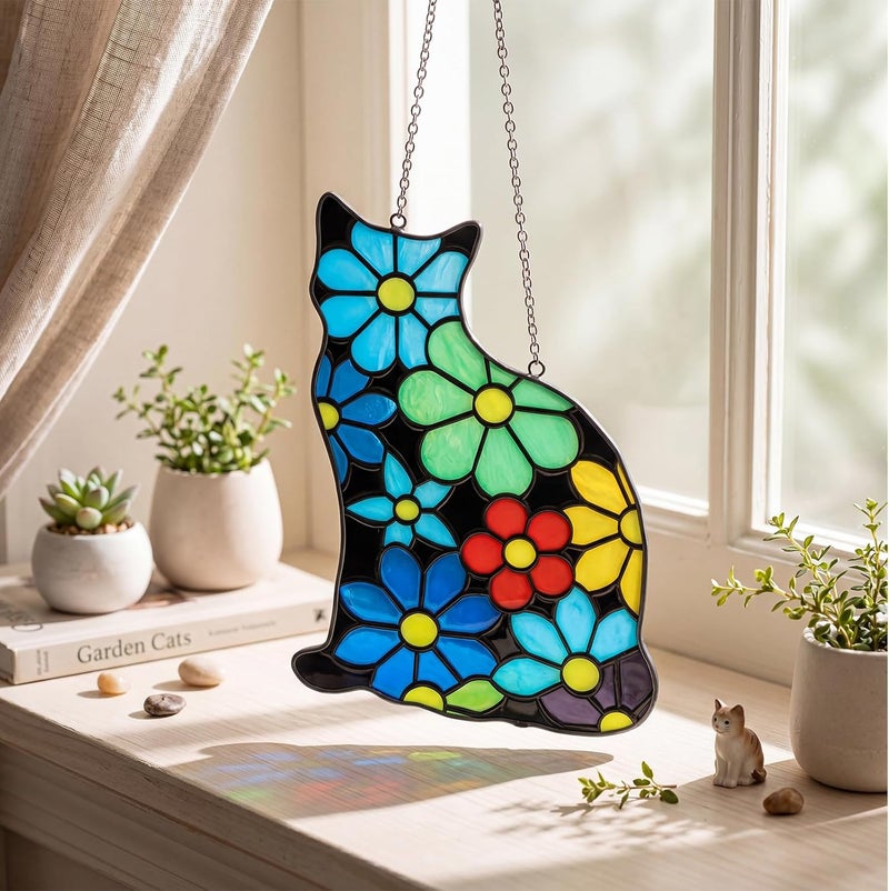 Amyhill 5 x 8 Inch Stained Glass Window Hanging Black Flower Cat Suncatcher Home Decor Gift for Women, Wife, Mom, Grandma, Birthday Nature Lover Window Ornament Indoor Outdoor Decor - Image 3