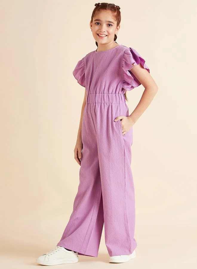 Styli Textured Ruffle Detail Wide Leg Jumpsuit
