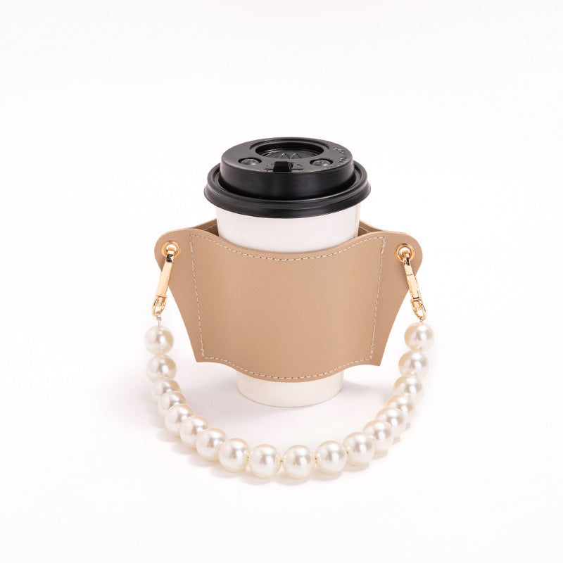 Detachable Pearl Chain Cup Cover Coffee Cup Cover Pu Leather Accompanied Cup Portable Anti-Scalding Heat Insulating Cup Cover - Image 1