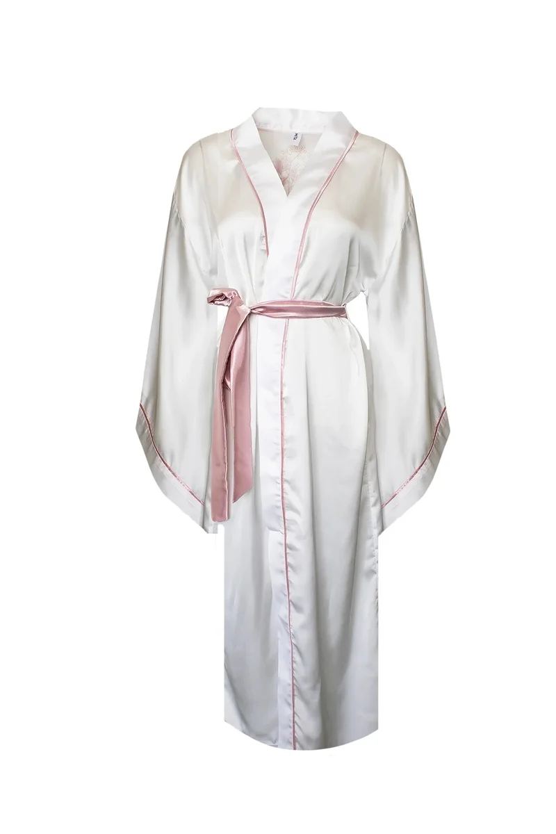 Mita Concept WHITE BATWING-SLEEVE KIMONO WITH BLUSH PINK PIPING