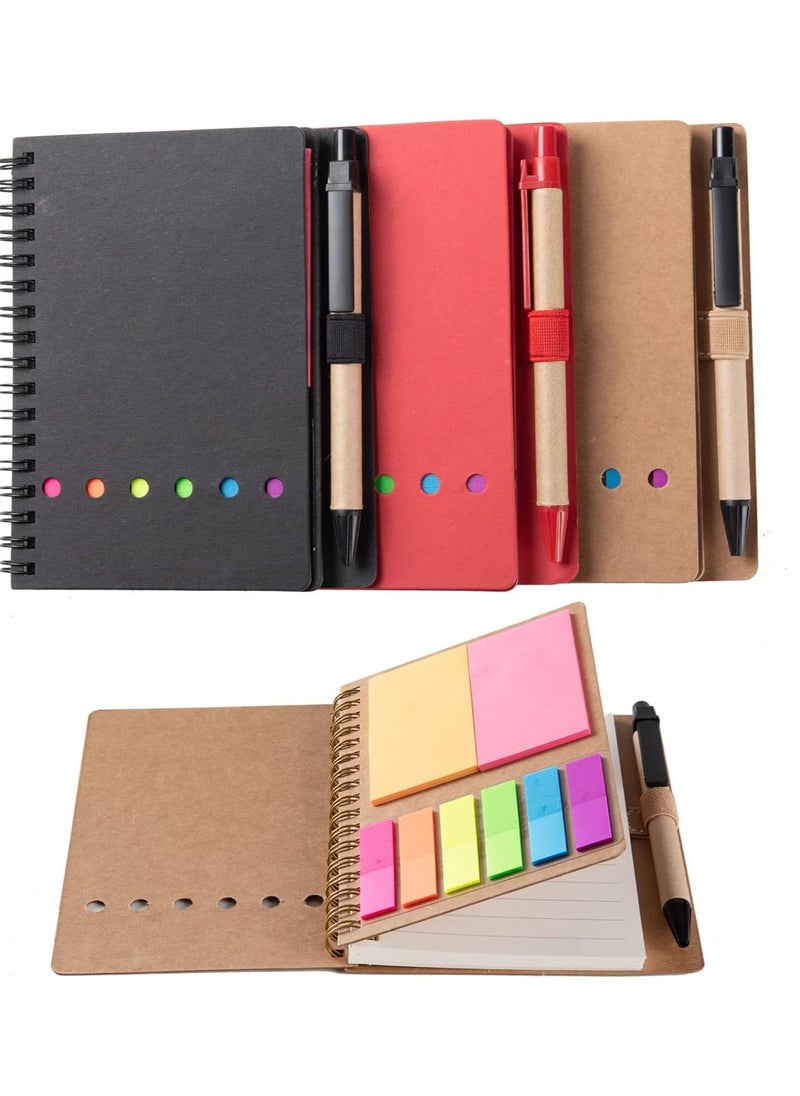 Generic 3 Packs Spiral Notebook Steno Pads Lined Notepad with Pen in Holder, Sticky Notes, Page Marker Colored Index Tabs Flags, 4.73"x5.9" Kraft Paper Cover Small Pocket Notebooks (3 Colors)  - Image 1