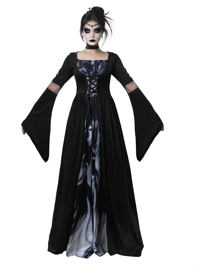 Women's Gothic Victorian Witch Vampire Dress Medieval Renaissance Halloween Cosplay Hooded Costume - Image 4