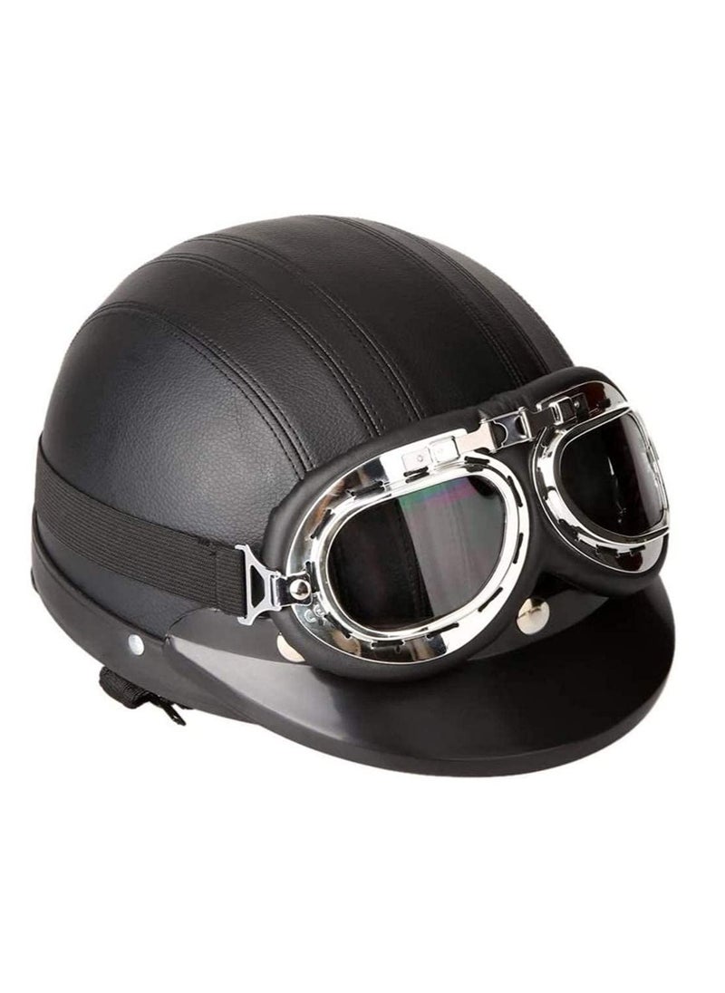 Generic Motorcycle Scooter Open Face Half Leather Helmet with Visor UV Goggles Retro Vintage Style  - Image 1