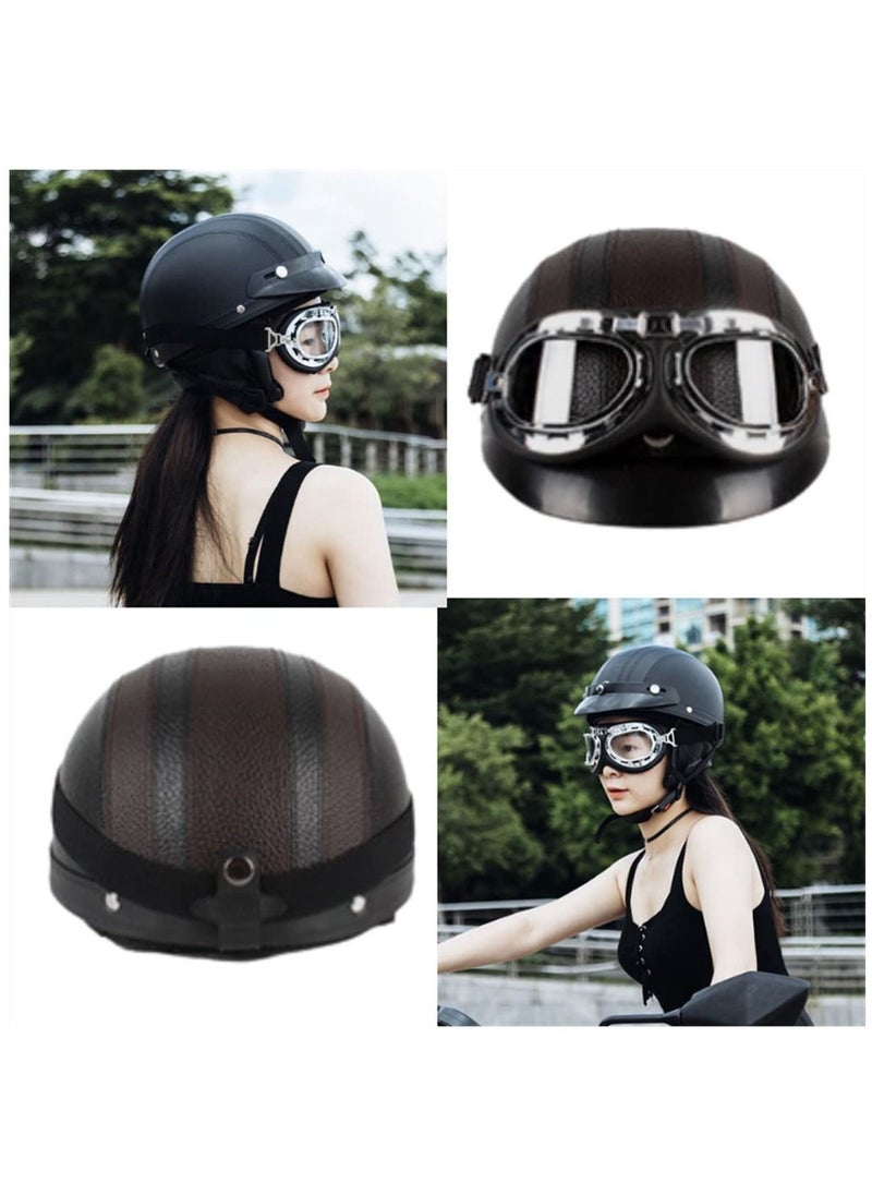 Generic Motorcycle Scooter Open Face Half Leather Helmet with Visor UV Goggles Retro Vintage Style  - Image 4