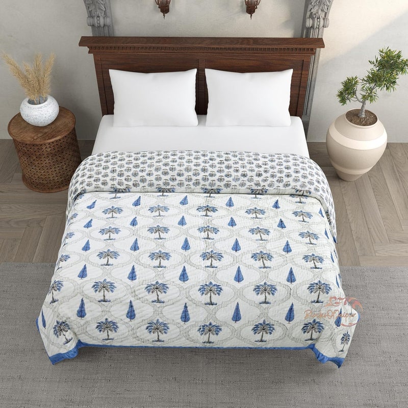 BLOCKS OF JAIPUR BLOCKS OF JAIPUR Original Pure Cotton Jaipuri Razai Hand Block Cypress Tree Print Reversible Comforter Lightweight AC Quilt Summer and Winter Bedding Throw Bed Blanket King Size 108X108 Inches  - Image 2