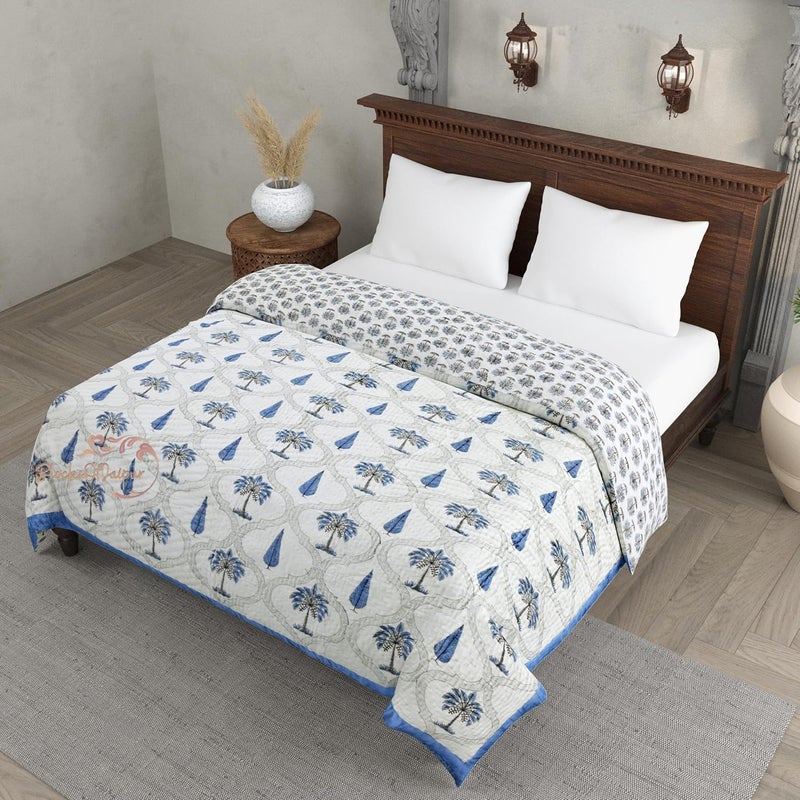 BLOCKS OF JAIPUR BLOCKS OF JAIPUR Original Pure Cotton Jaipuri Razai Hand Block Cypress Tree Print Reversible Comforter Lightweight AC Quilt Summer and Winter Bedding Throw Bed Blanket King Size 108X108 Inches  - Image 1