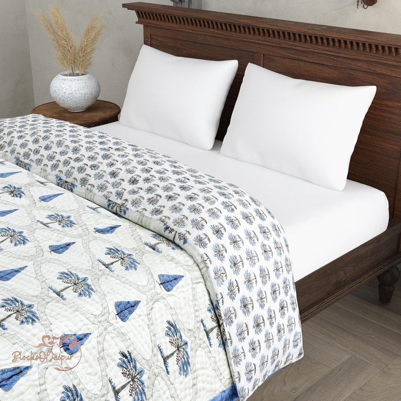 BLOCKS OF JAIPUR BLOCKS OF JAIPUR Original Pure Cotton Jaipuri Razai Hand Block Cypress Tree Print Reversible Comforter Lightweight AC Quilt Summer and Winter Bedding Throw Bed Blanket King Size 108X108 Inches  - Image 3