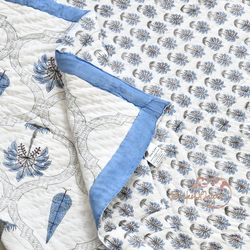 BLOCKS OF JAIPUR BLOCKS OF JAIPUR Original Pure Cotton Jaipuri Razai Hand Block Cypress Tree Print Reversible Comforter Lightweight AC Quilt Summer and Winter Bedding Throw Bed Blanket King Size 108X108 Inches  - Image 5