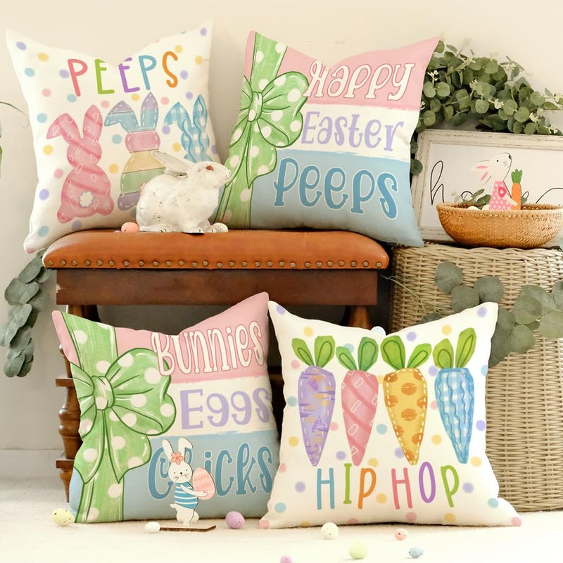 GEEORY Happy Easter Peeps Pillow Covers 18x18 Inch Set of 4, Striped Bunnies Eggs Chicks Rabbits Carrots Decorative Farmhouse Throw Pillowcases for Home Sofa Couch Decoration G461-18 - Image 3