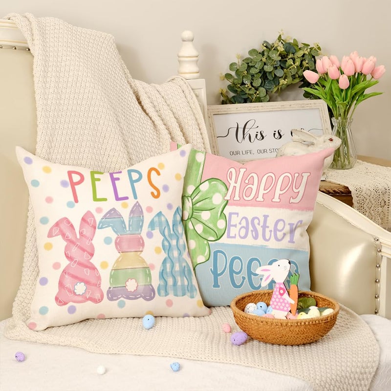 GEEORY Happy Easter Peeps Pillow Covers 18x18 Inch Set of 4, Striped Bunnies Eggs Chicks Rabbits Carrots Decorative Farmhouse Throw Pillowcases for Home Sofa Couch Decoration G461-18 - Image 4