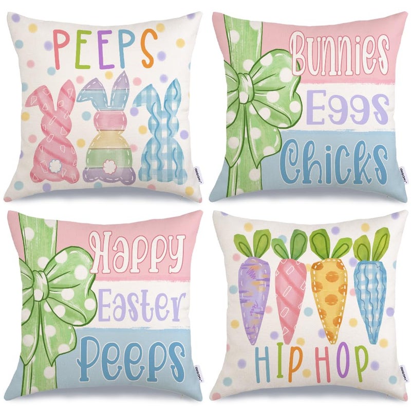 GEEORY Happy Easter Peeps Pillow Covers 18x18 Inch Set of 4, Striped Bunnies Eggs Chicks Rabbits Carrots Decorative Farmhouse Throw Pillowcases for Home Sofa Couch Decoration G461-18 - Image 1