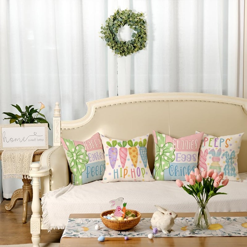 GEEORY Happy Easter Peeps Pillow Covers 18x18 Inch Set of 4, Striped Bunnies Eggs Chicks Rabbits Carrots Decorative Farmhouse Throw Pillowcases for Home Sofa Couch Decoration G461-18 - Image 2