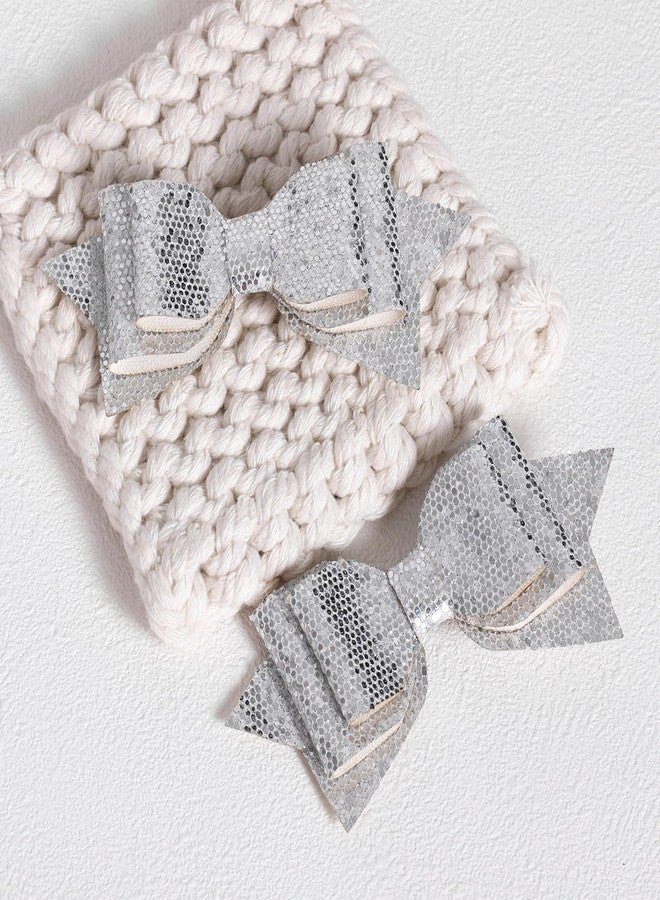 Miroksh 4in Glitter Silver Hair Bow Clips for Girls,2pc Sparkly Faux Leather Alligator Hair Pins Sequins Bowknot Barrettes,Teen Toddler Kids Wedding New Year Accessory Birthday Xmas Gift - Image 2