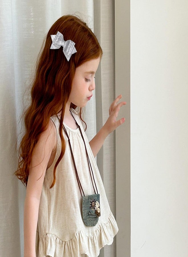 Miroksh 4in Glitter Silver Hair Bow Clips for Girls,2pc Sparkly Faux Leather Alligator Hair Pins Sequins Bowknot Barrettes,Teen Toddler Kids Wedding New Year Accessory Birthday Xmas Gift - Image 3