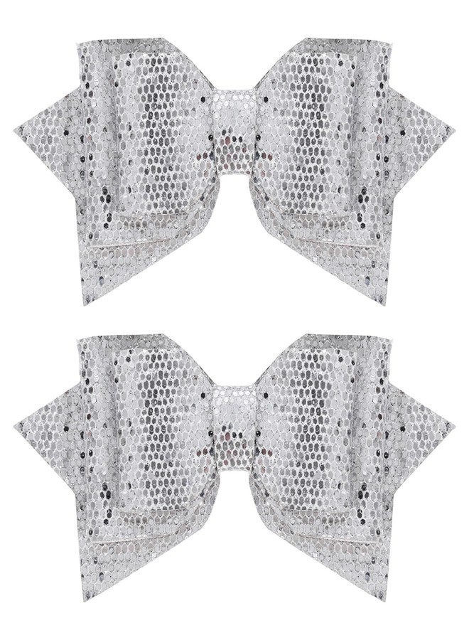 Miroksh 4in Glitter Silver Hair Bow Clips for Girls,2pc Sparkly Faux Leather Alligator Hair Pins Sequins Bowknot Barrettes,Teen Toddler Kids Wedding New Year Accessory Birthday Xmas Gift - Image 1