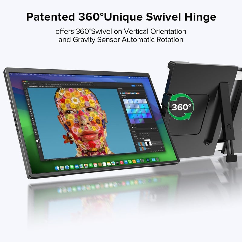 UPERFECT Laptop Screen Extender, 2K 14" 360°Unique Swivel Hinge w/ 180° Automatic Rotation, 2240x1400 QHD IPS Portable Monitor for 14"-17'' Laptops, Plug & Play with Mac, Wins, Dex (Only one Screen) - Image 3