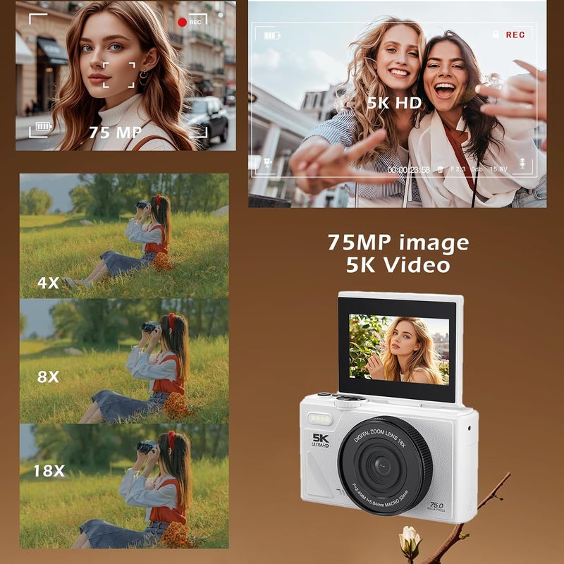 Bewinner 5K Digital Camera for Photography, Vintage 75MP Camera, 3Inch 180 Flip Screen Autofocus Video Cameras with 18X Zoom for Travel YouTube (White) - Image 1